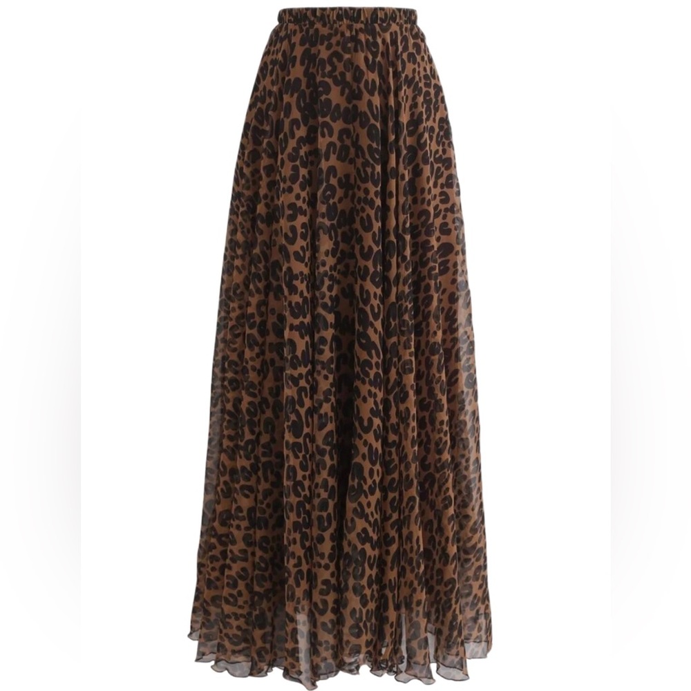 Chicwish Leopard Brown Black Watercolor Chiffon Maxi Skirt in Brown XS/S